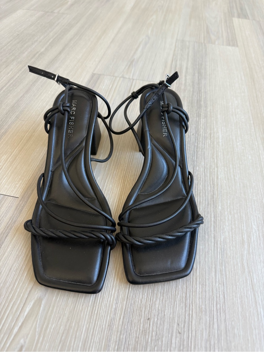 Marc Fisher Black Square-Toe Strappy Block Heels